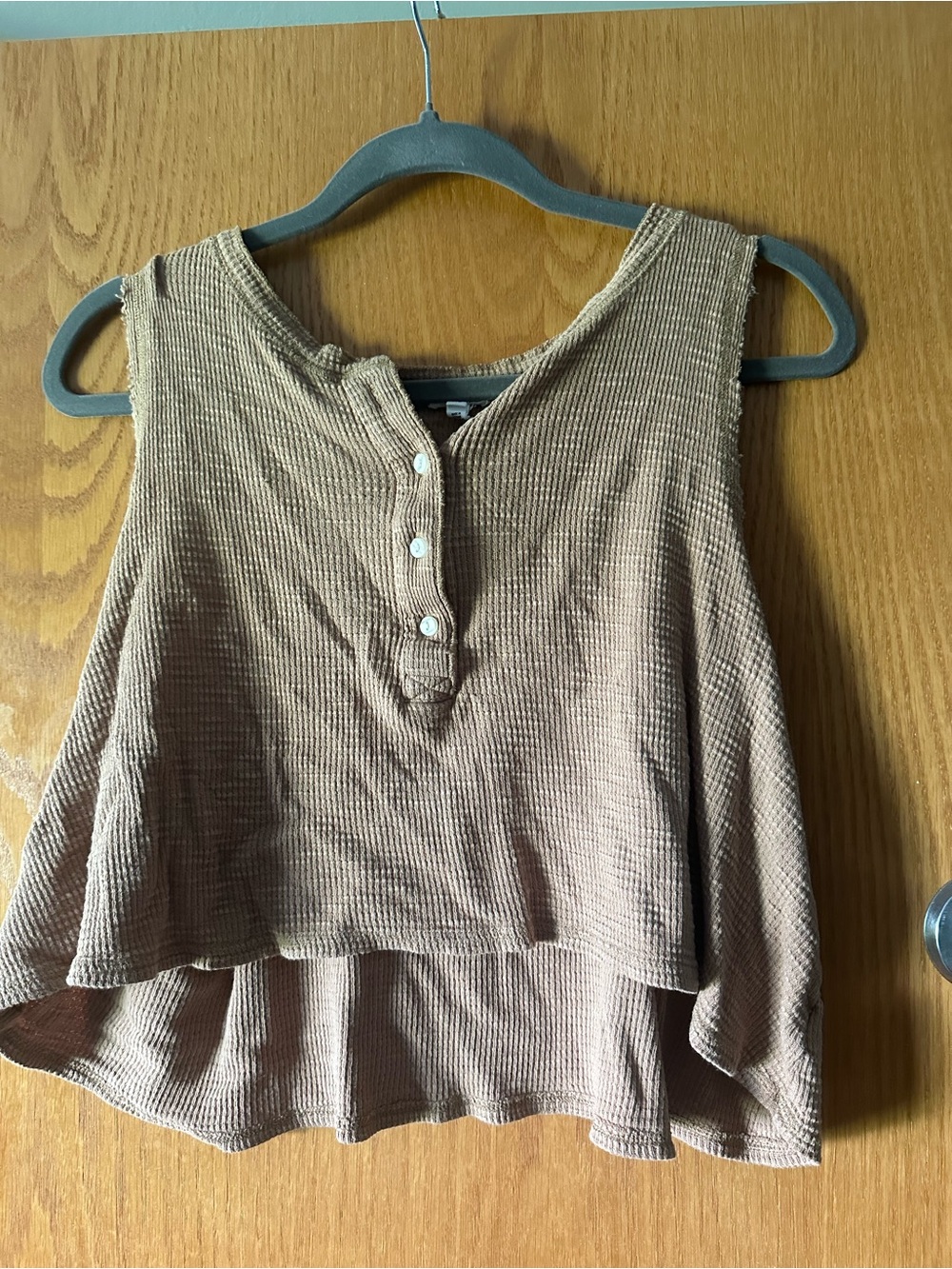 aerie Waffle-Knit Henley Cropped Tank in Light Brown
